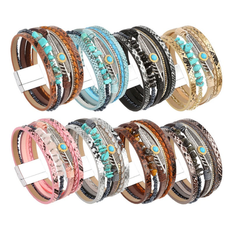 Wholesale Retro Ethnic Style Woven Turquoise Multi-layer Bohemian Magnet Buckle Feather Bracelet